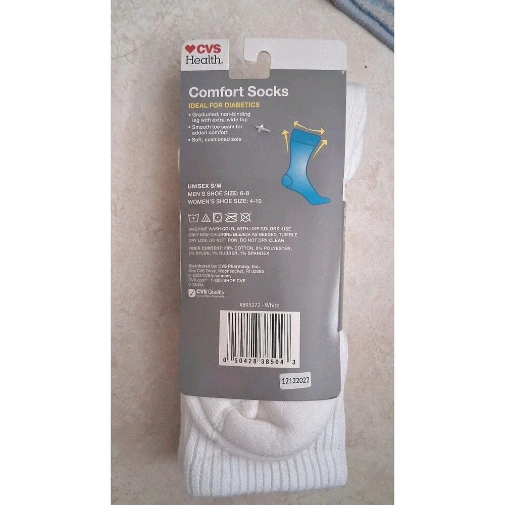 CVS 2 Pairs Socks - Size S/Med - Crew Length Comfort Socks -Ideal For Diabetics
